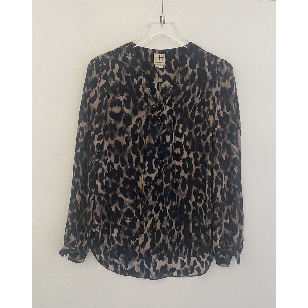Haute Hippie Leopard Print Silk Blouse Lace Up V-Neck Long Sleeve Top 60801119GG - Picture 2 of 7